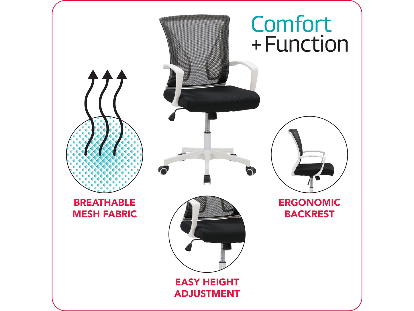 Ergonomic black mesh task chair with adjustable armrests, white frame, and lumbar support. Features breathable mesh back, cushioned seat, and swivel base with wheels for mobility. Ideal for home office use.