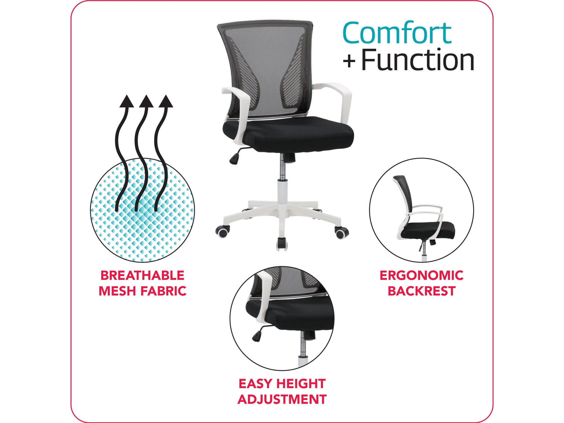 Ergonomic black mesh task chair with adjustable armrests, white frame, and lumbar support. Features breathable mesh back, cushioned seat, and swivel base with wheels for mobility. Ideal for home office use.
