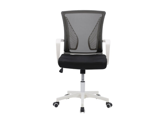 Ergonomic black mesh task chair with adjustable armrests, white frame, and lumbar support. Features breathable mesh back, cushioned seat, and swivel base with wheels for mobility. Ideal for home office use.