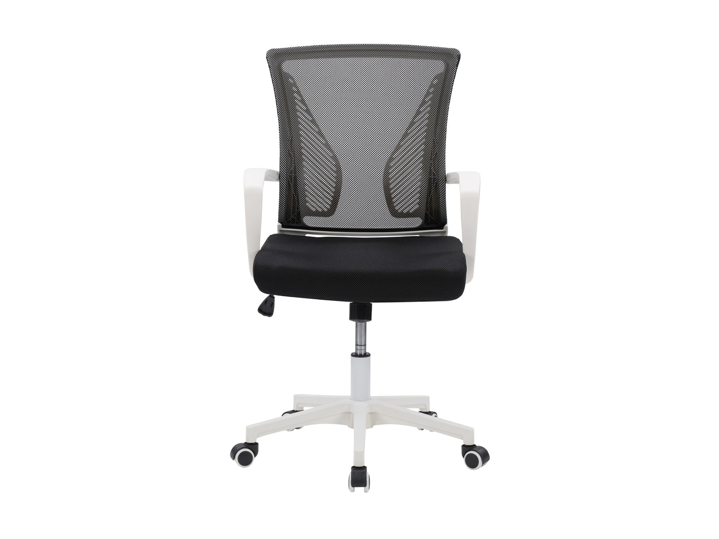 Ergonomic black mesh task chair with adjustable armrests, white frame, and lumbar support. Features breathable mesh back, cushioned seat, and swivel base with wheels for mobility. Ideal for home office use.