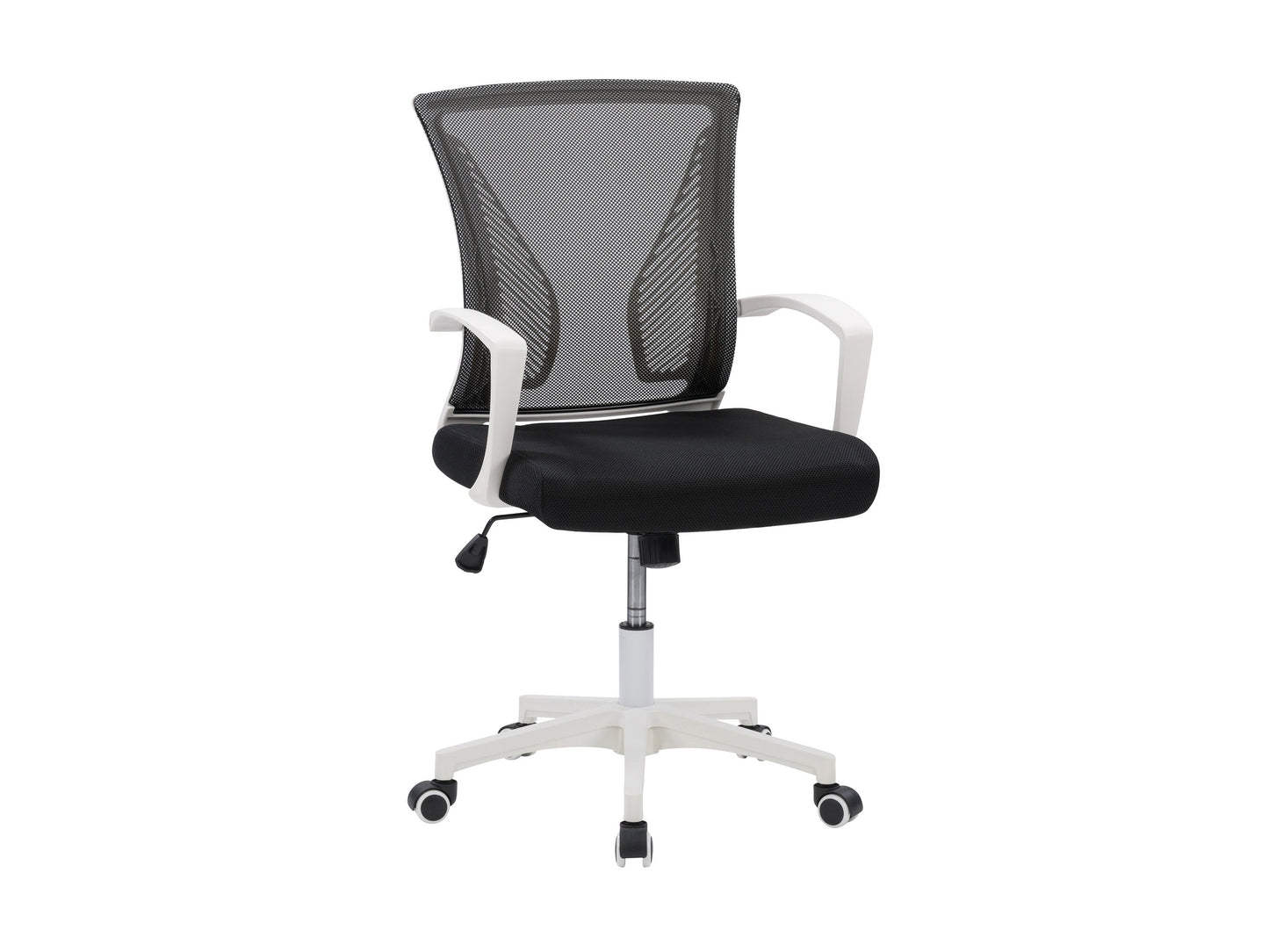 Ergonomic black mesh task chair with adjustable armrests, white frame, and lumbar support. Features breathable mesh back, cushioned seat, and swivel base with wheels for mobility. Ideal for home office use.
