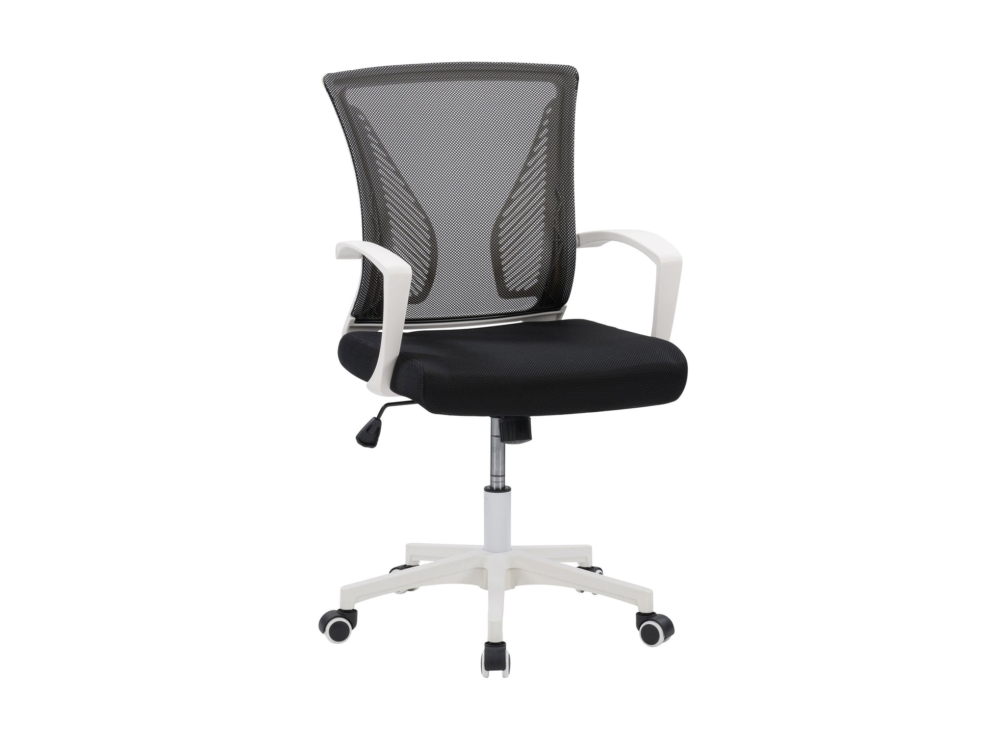 Ergonomic black mesh task chair with adjustable armrests, white frame, and lumbar support. Features breathable mesh back, cushioned seat, and swivel base with wheels for mobility. Ideal for home office use.