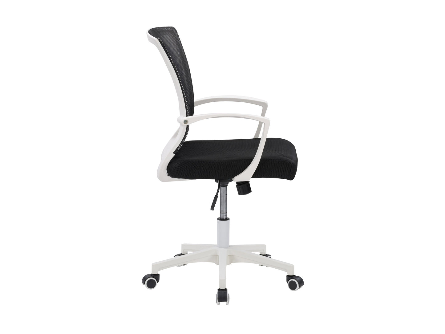 Ergonomic black mesh task chair with adjustable armrests, white frame, and lumbar support. Features breathable mesh back, cushioned seat, and swivel base with wheels for mobility. Ideal for home office use.