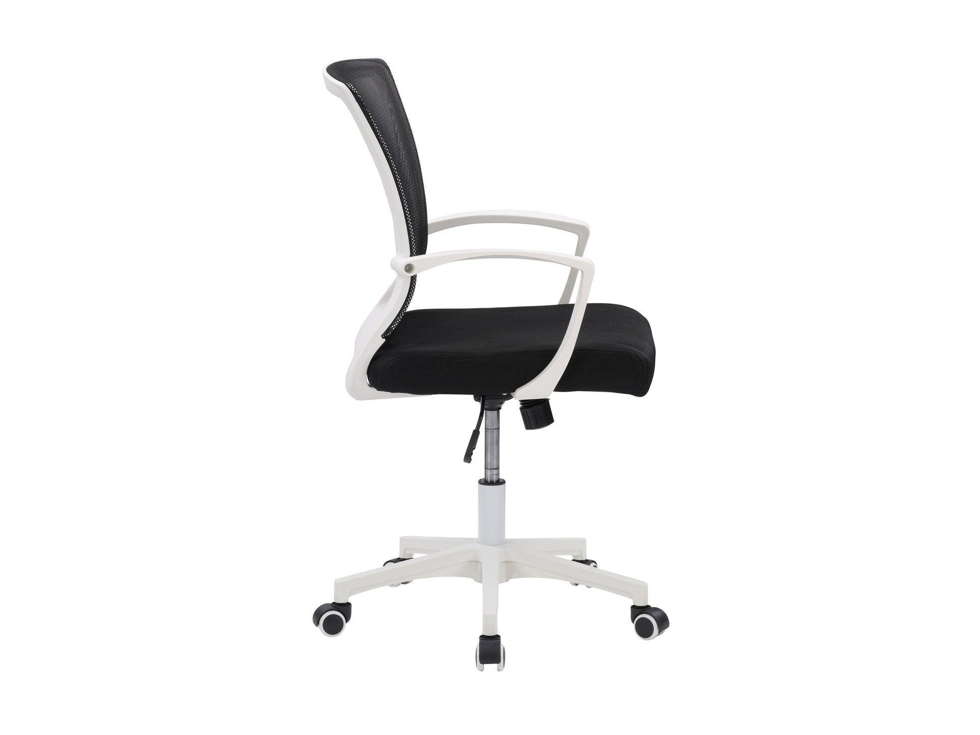 Ergonomic black mesh task chair with adjustable armrests, white frame, and lumbar support. Features breathable mesh back, cushioned seat, and swivel base with wheels for mobility. Ideal for home office use.