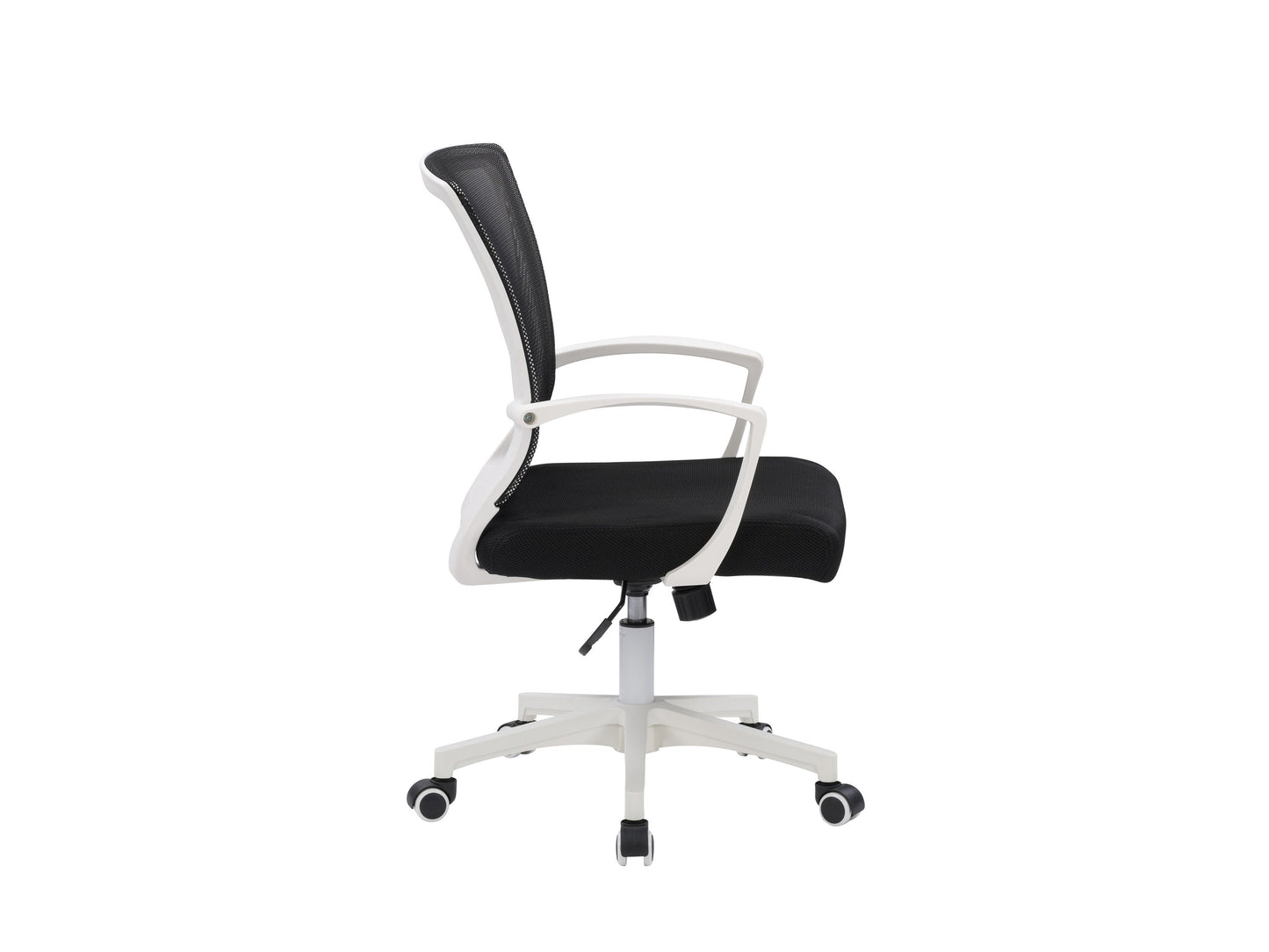 Ergonomic black mesh task chair with adjustable armrests, white frame, and lumbar support. Features breathable mesh back, cushioned seat, and swivel base with wheels for mobility. Ideal for home office use.