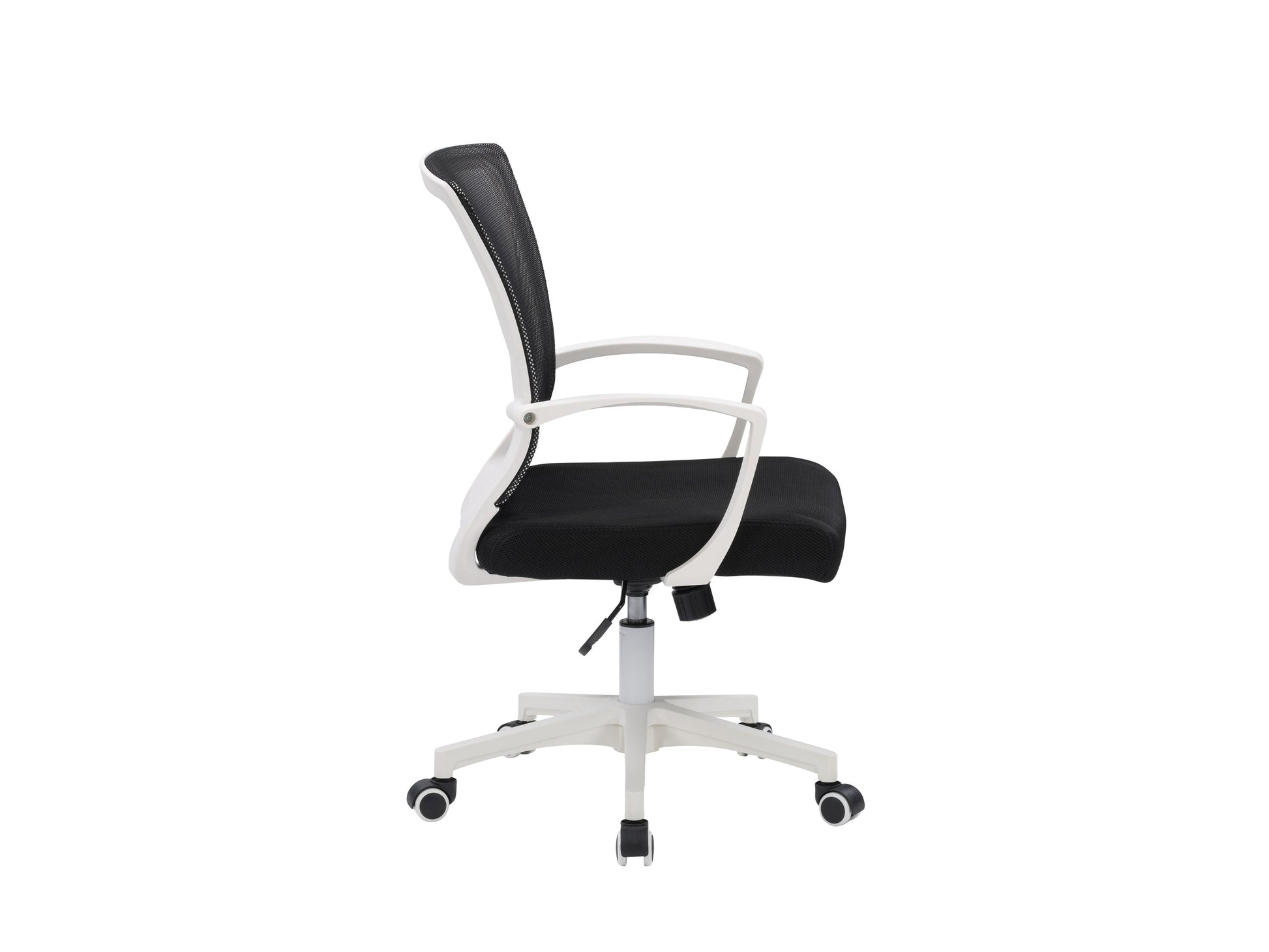 Ergonomic black mesh task chair with adjustable armrests, white frame, and lumbar support. Features breathable mesh back, cushioned seat, and swivel base with wheels for mobility. Ideal for home office use.
