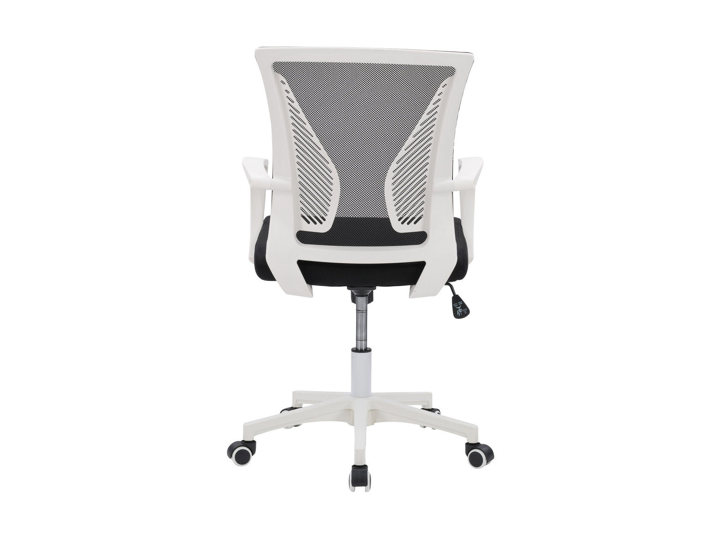 Ergonomic black mesh task chair with adjustable armrests, white frame, and lumbar support. Features breathable mesh back, cushioned seat, and swivel base with wheels for mobility. Ideal for home office use.