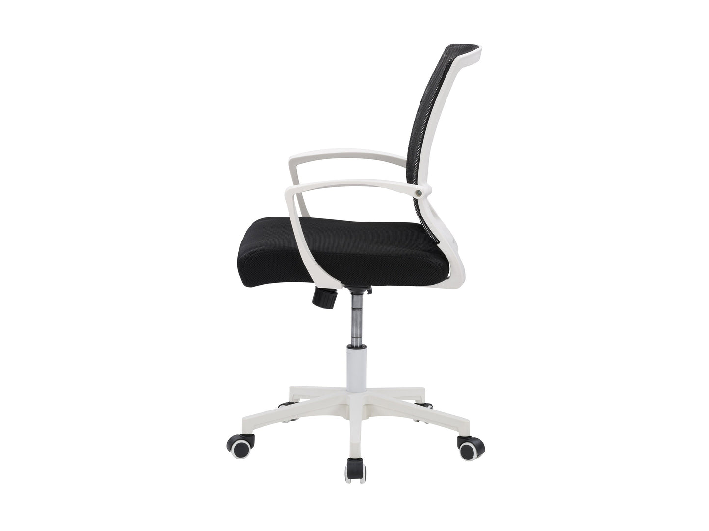 Ergonomic black mesh task chair with adjustable armrests, white frame, and lumbar support. Features breathable mesh back, cushioned seat, and swivel base with wheels for mobility. Ideal for home office use.