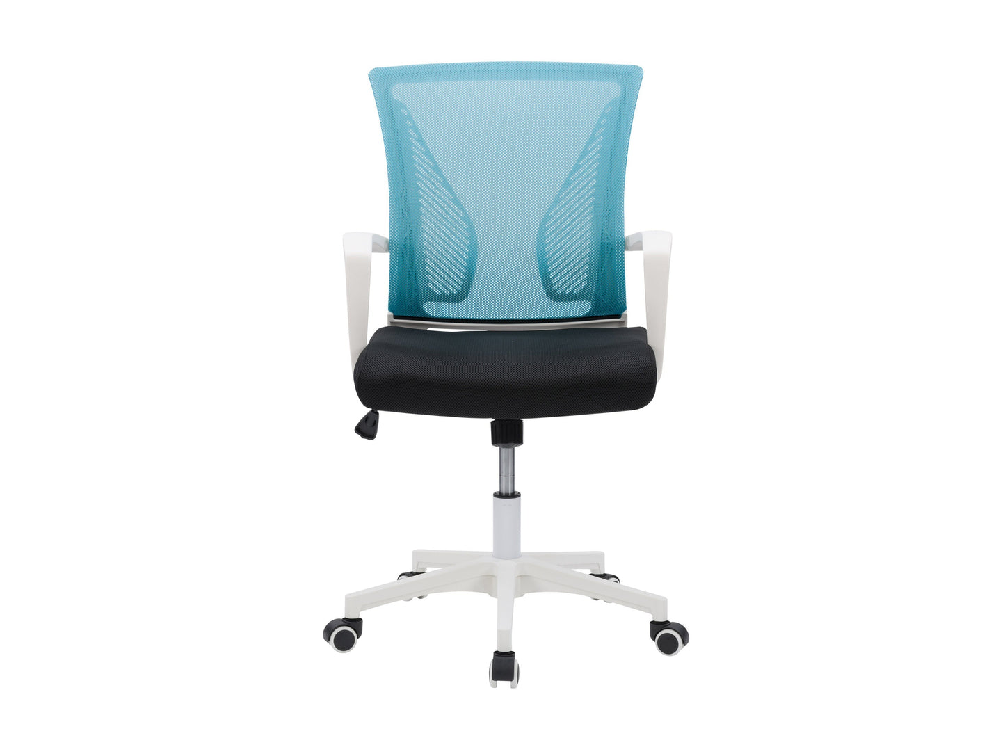 Teal mesh task chair with ergonomic design, white frame, adjustable armrests, lumbar support, and swivel base. Ideal for office use.