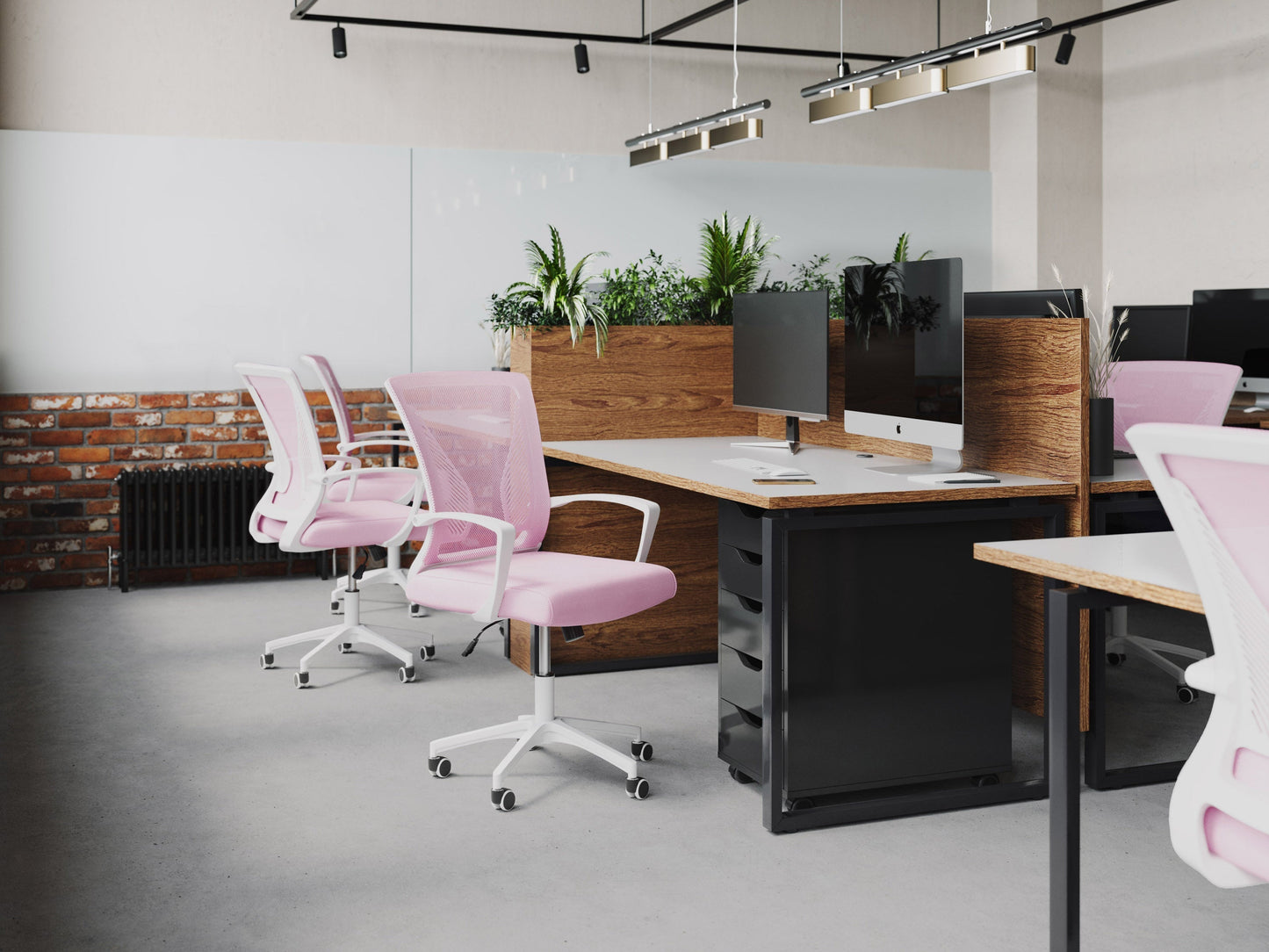 Pink and white mesh task chair with ergonomic design, adjustable height, cushioned seat, and breathable mesh backrest. Ideal for home office or workspace.