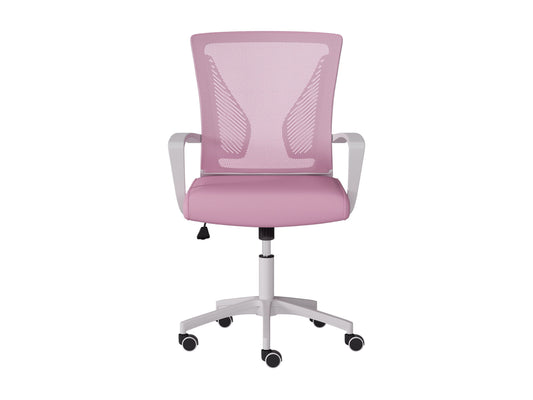 Pink and white mesh task chair with ergonomic design, adjustable height, cushioned seat, and breathable mesh backrest. Ideal for home office or workspace.