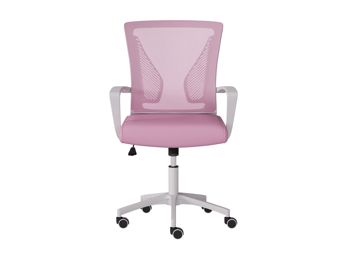Pink and white mesh task chair with ergonomic design, adjustable height, cushioned seat, and breathable mesh backrest. Ideal for home office or workspace.