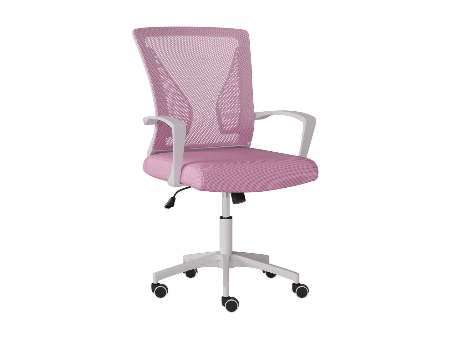 Pink and white mesh task chair with ergonomic design, adjustable height, cushioned seat, and breathable mesh backrest. Ideal for home office or workspace.