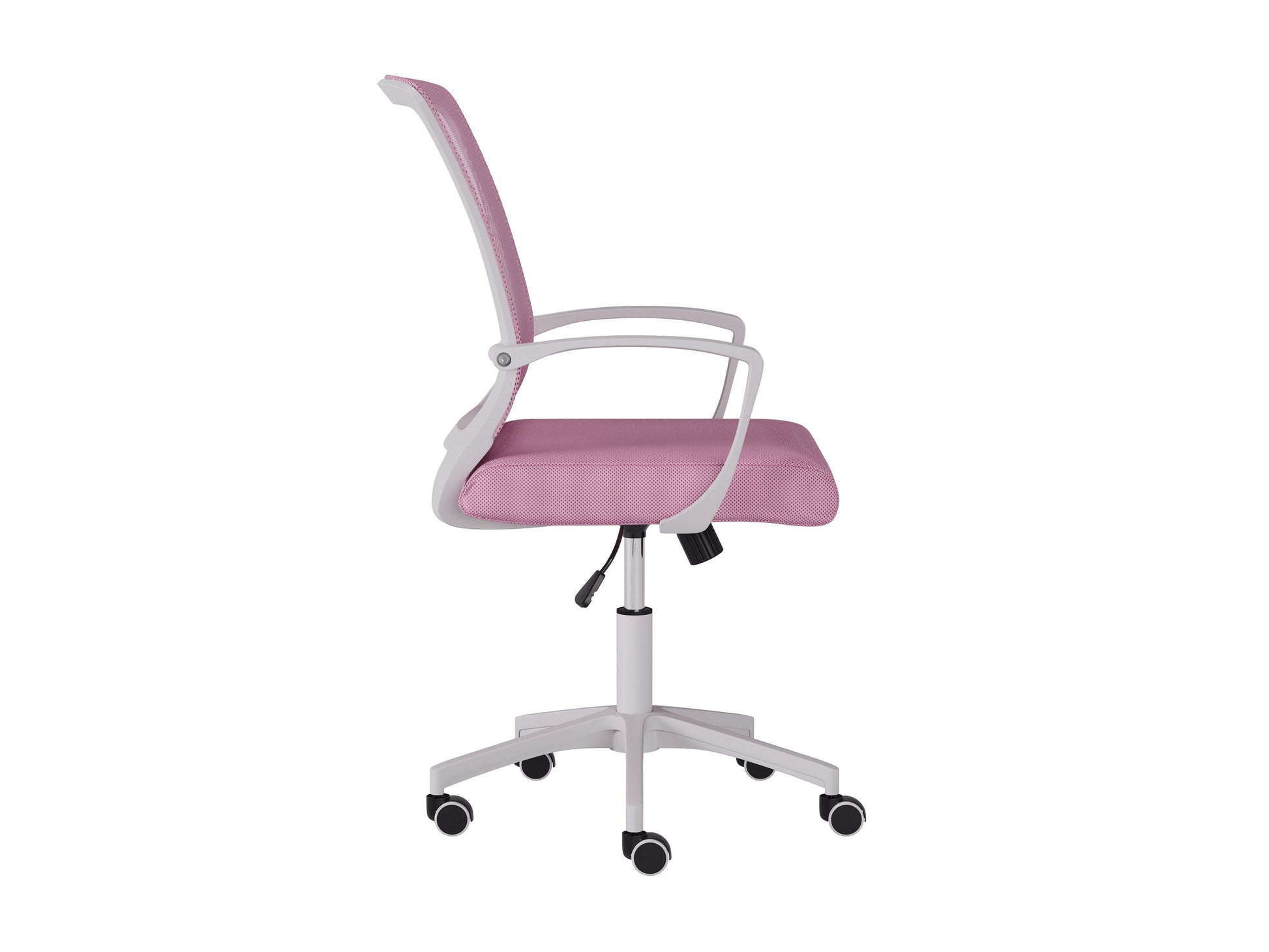 Pink and white mesh task chair with ergonomic design, adjustable height, cushioned seat, and breathable mesh backrest. Ideal for home office or workspace.