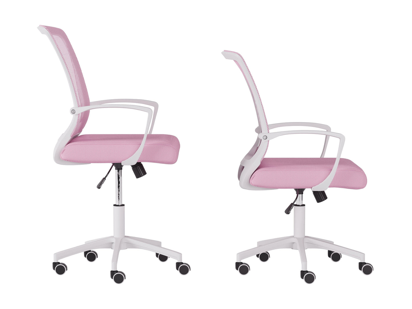 Pink and white mesh task chair with ergonomic design, adjustable height, cushioned seat, and breathable mesh backrest. Ideal for home office or workspace.