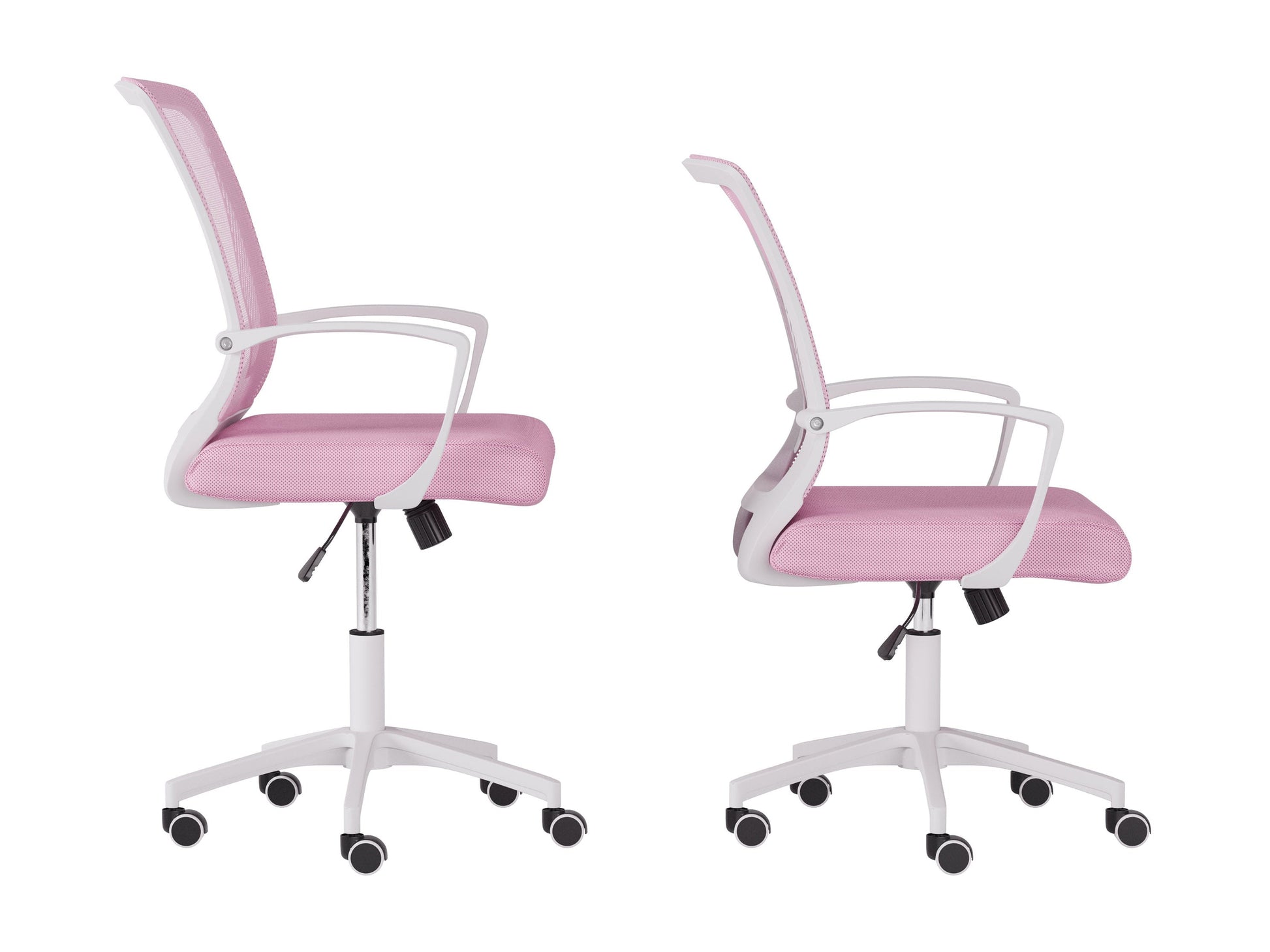 Pink and white mesh task chair with ergonomic design, adjustable height, cushioned seat, and breathable mesh backrest. Ideal for home office or workspace.