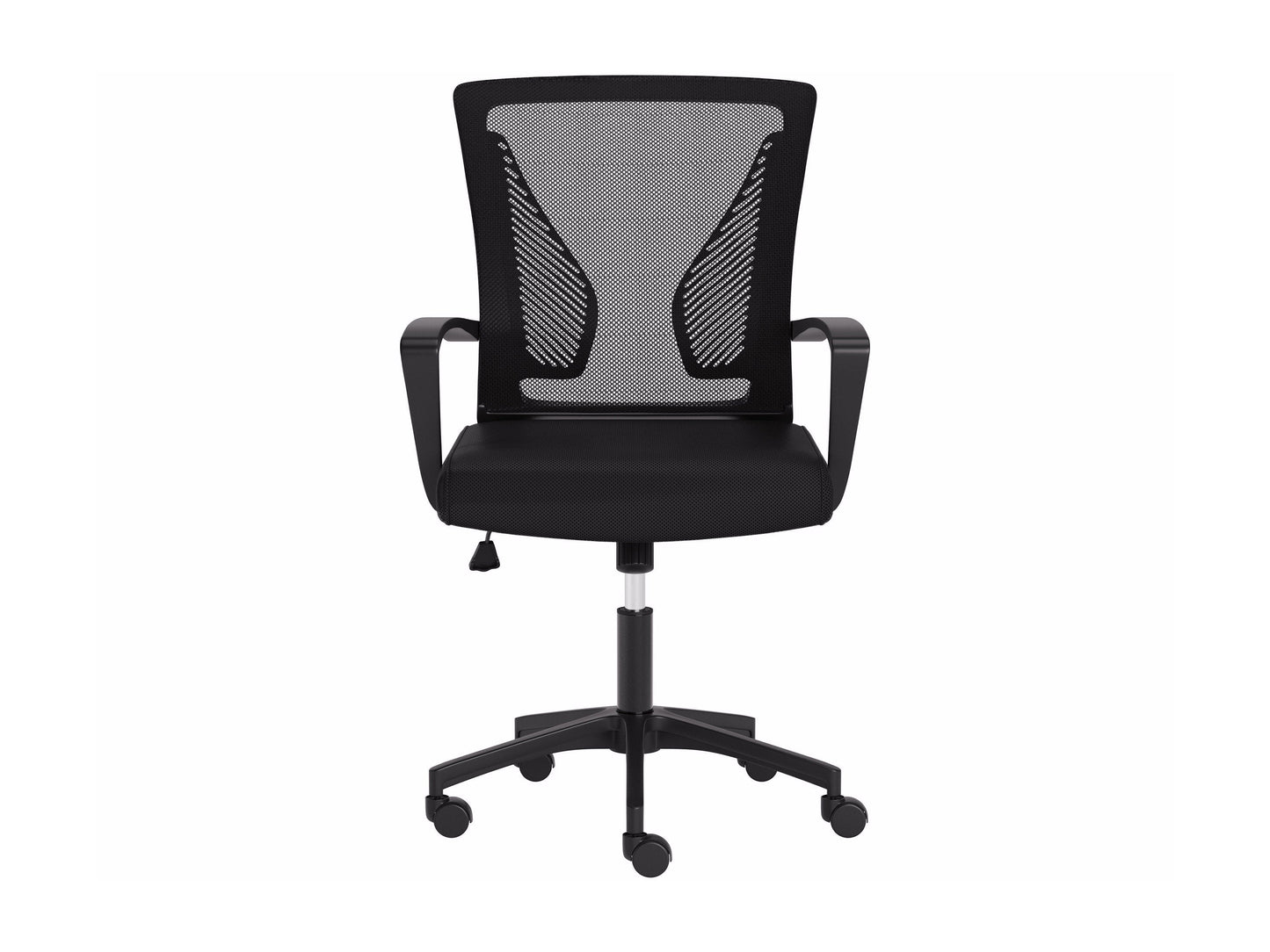Black mesh task chair with ergonomic design, adjustable armrests, lumbar support, and a breathable mesh backrest. Features a cushioned seat, swivel base, and caster wheels for mobility. Ideal for office use.