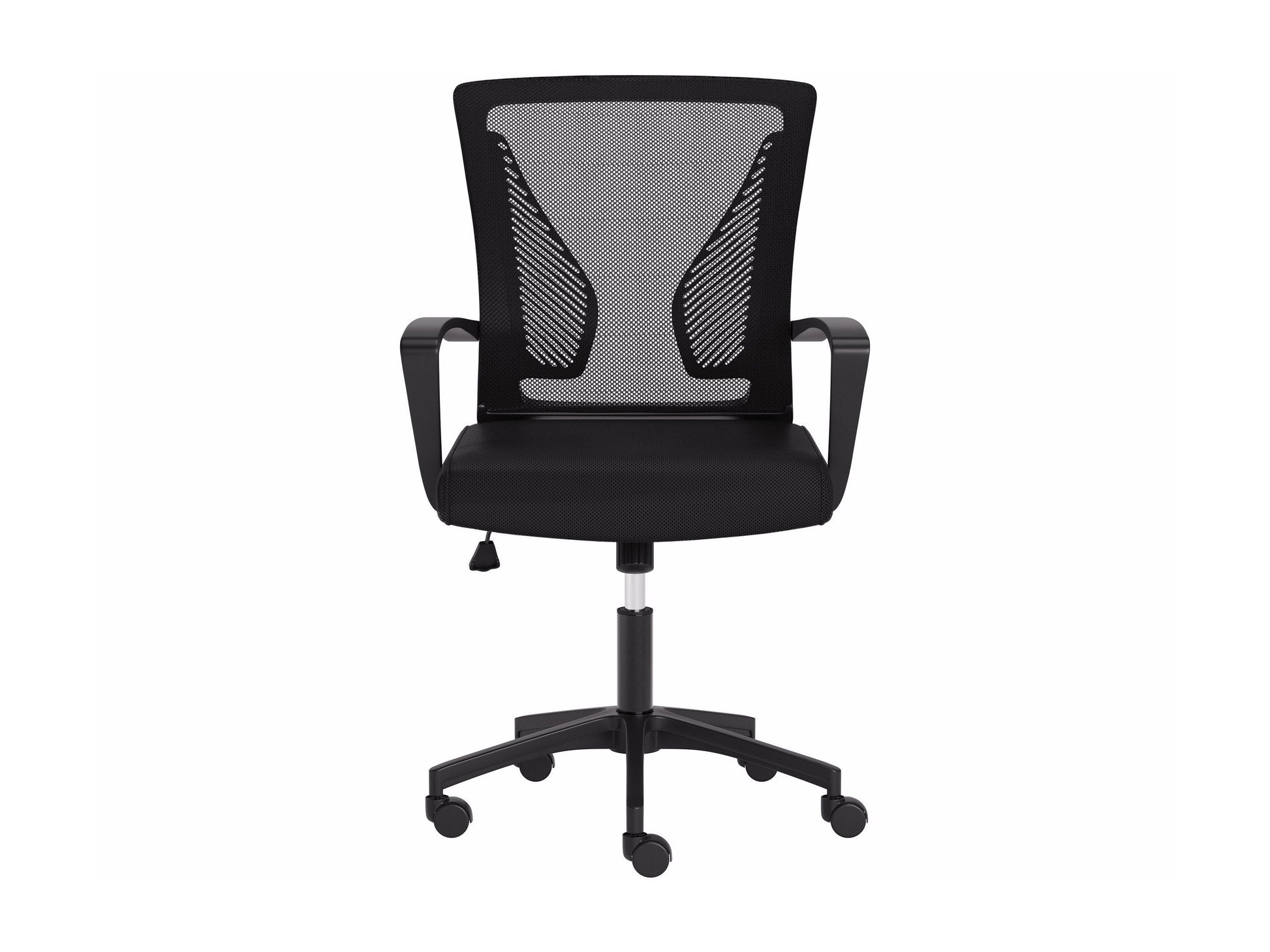 Black mesh task chair with ergonomic design, adjustable armrests, lumbar support, and a breathable mesh backrest. Features a cushioned seat, swivel base, and caster wheels for mobility. Ideal for office use.
