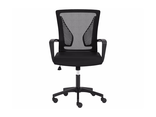 Black mesh task chair with ergonomic design, adjustable armrests, lumbar support, and a breathable mesh backrest. Features a cushioned seat, swivel base, and caster wheels for mobility. Ideal for office use.