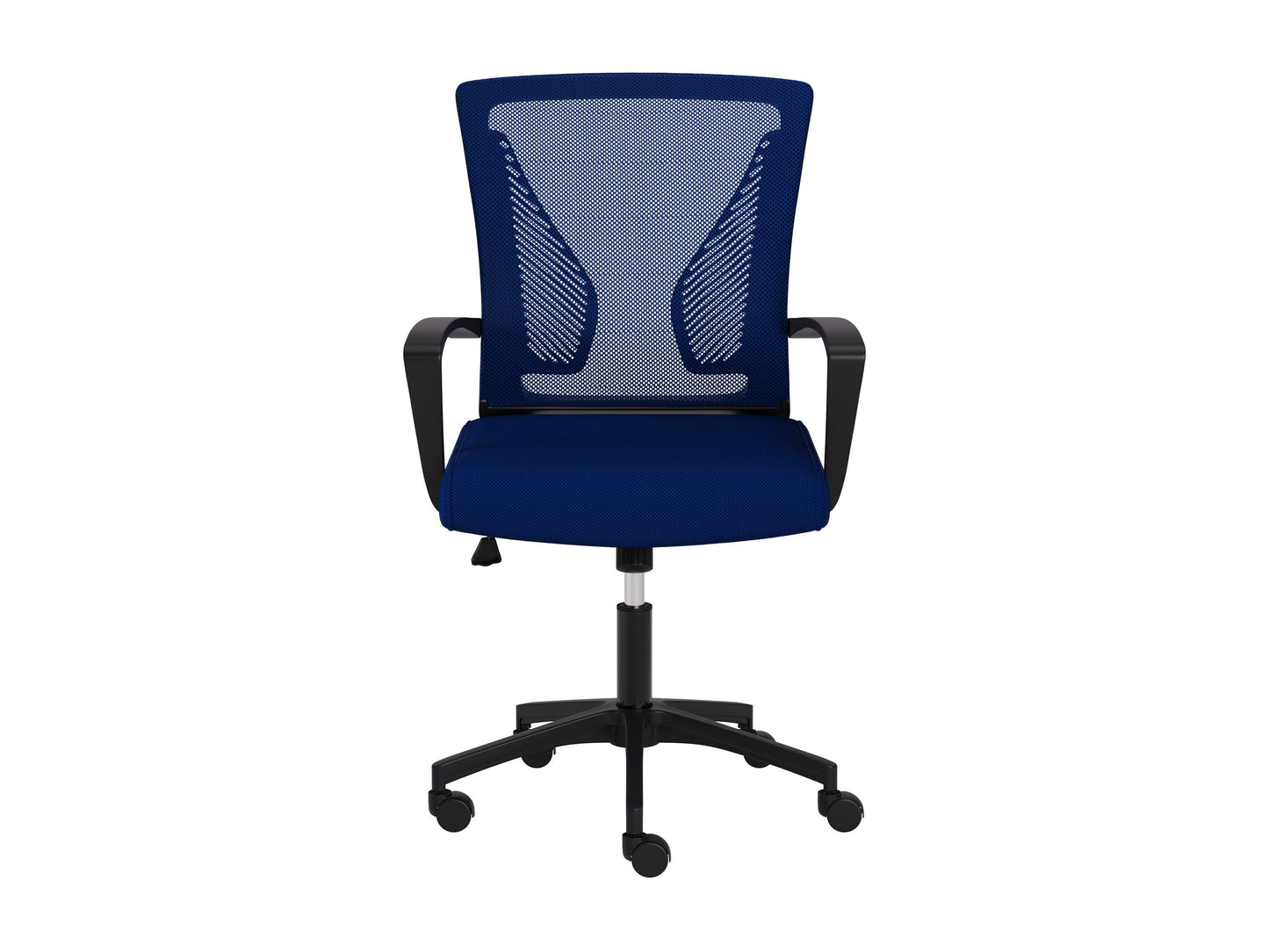Blue and black mesh task chair with ergonomic design, adjustable height, lumbar support, and padded armrests. Ideal for office settings, offering comfort and breathability with a sleek, modern look.