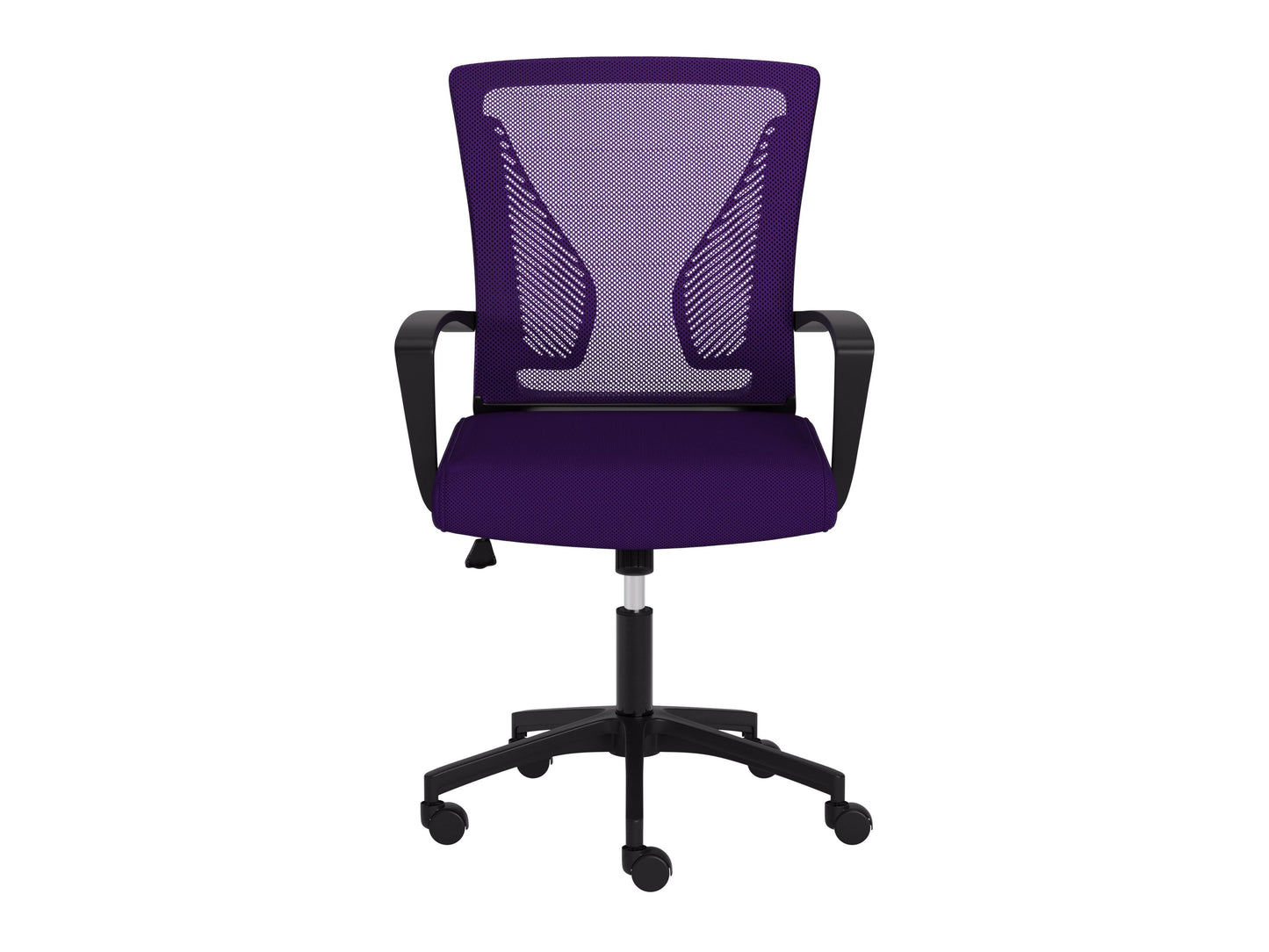 Purple and black mesh task chair with ergonomic design, adjustable height, lumbar support, and padded armrests, perfect for office use.