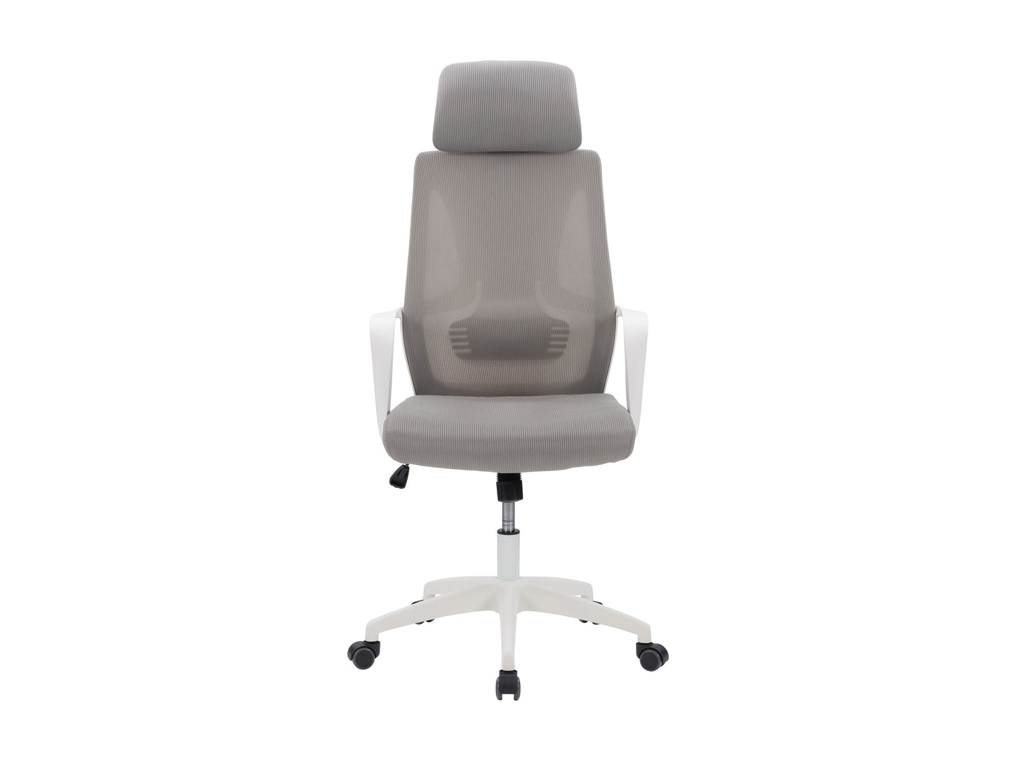Ergonomic high back office chair with grey mesh upholstery, adjustable lumbar support, padded armrests, and chrome base with caster wheels. Ideal for home or office use, providing comfort and style.