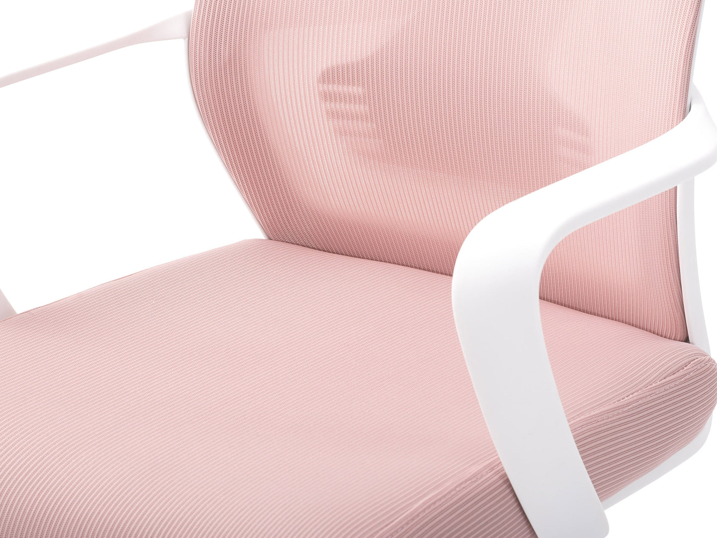 Pink high back office chair with ergonomic design, featuring a plush cushioned seat, adjustable armrests, and a breathable mesh backrest. Ideal for home offices or workspaces seeking comfort and style.