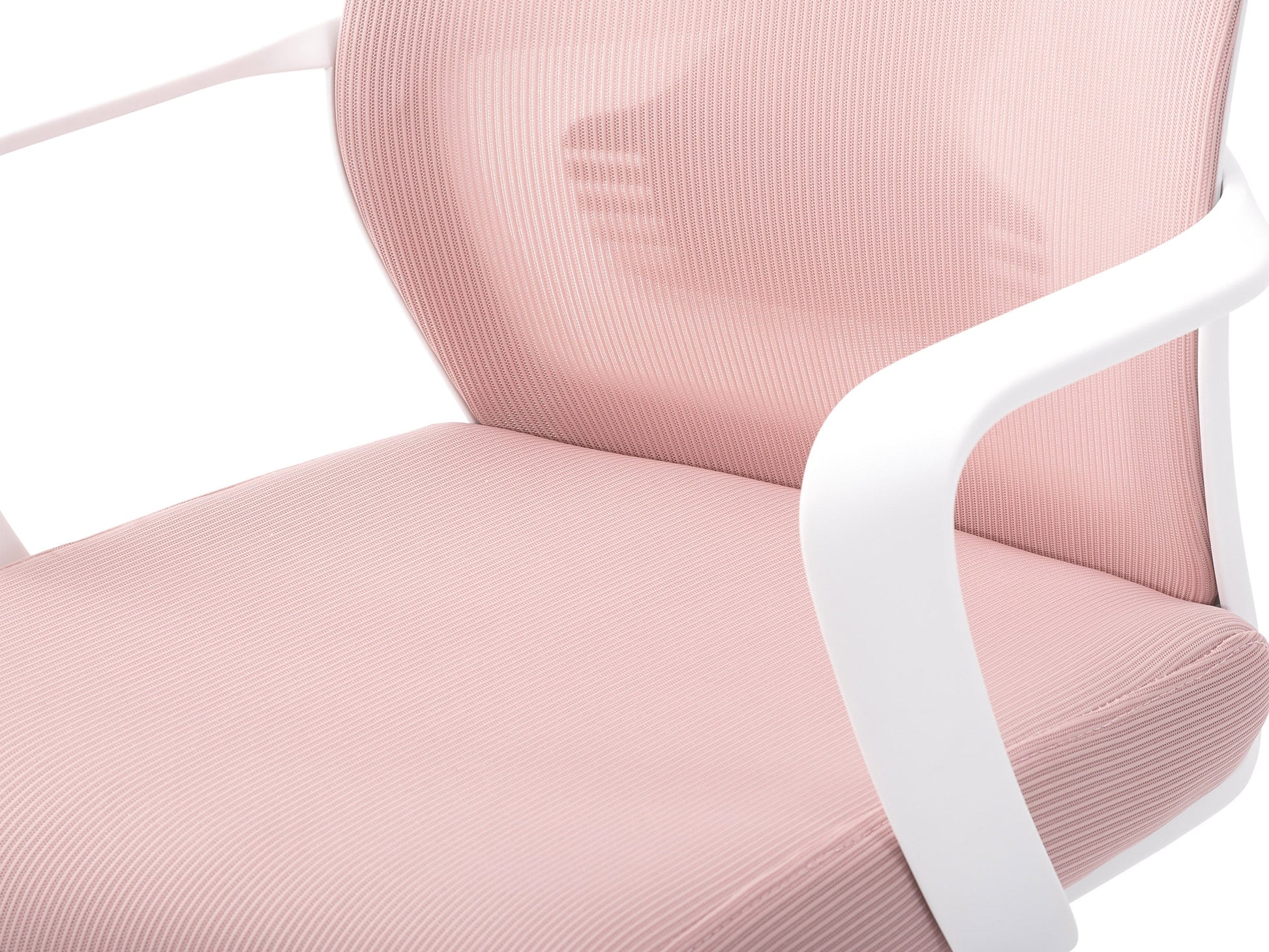 Pink high back office chair with ergonomic design, featuring a plush cushioned seat, adjustable armrests, and a breathable mesh backrest. Ideal for home offices or workspaces seeking comfort and style.