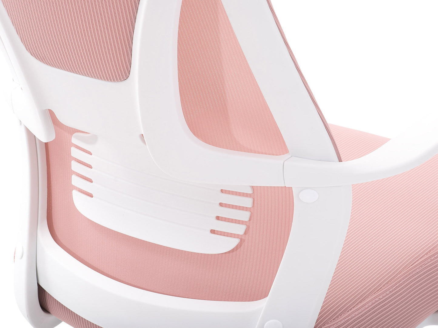 Pink high back office chair with ergonomic design, featuring a plush cushioned seat, adjustable armrests, and a breathable mesh backrest. Ideal for home offices or workspaces seeking comfort and style.