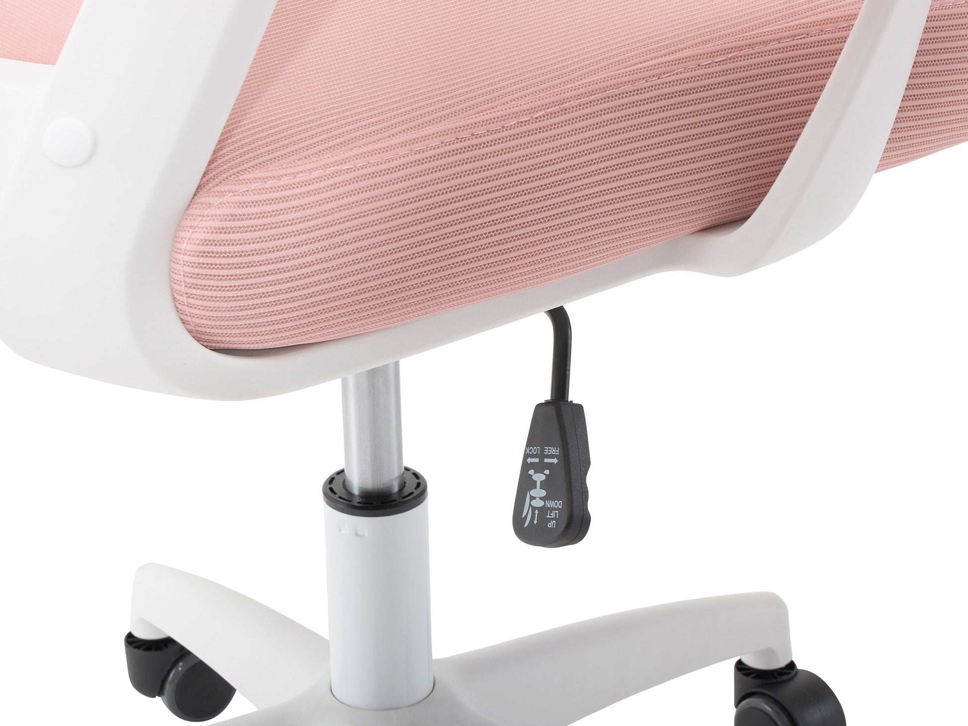 Pink high back office chair with ergonomic design, featuring a plush cushioned seat, adjustable armrests, and a breathable mesh backrest. Ideal for home offices or workspaces seeking comfort and style.