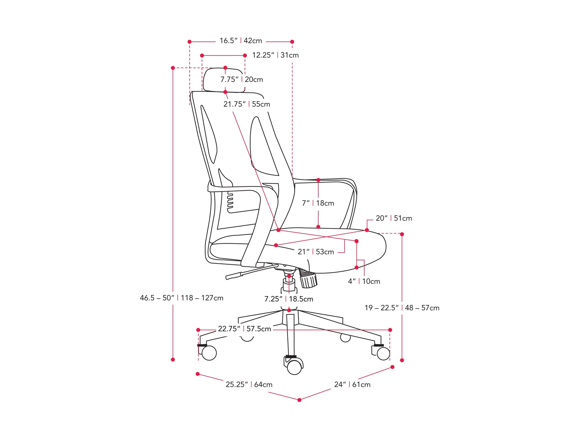 Pink high back office chair with ergonomic design, featuring a plush cushioned seat, adjustable armrests, and a breathable mesh backrest. Ideal for home offices or workspaces seeking comfort and style.