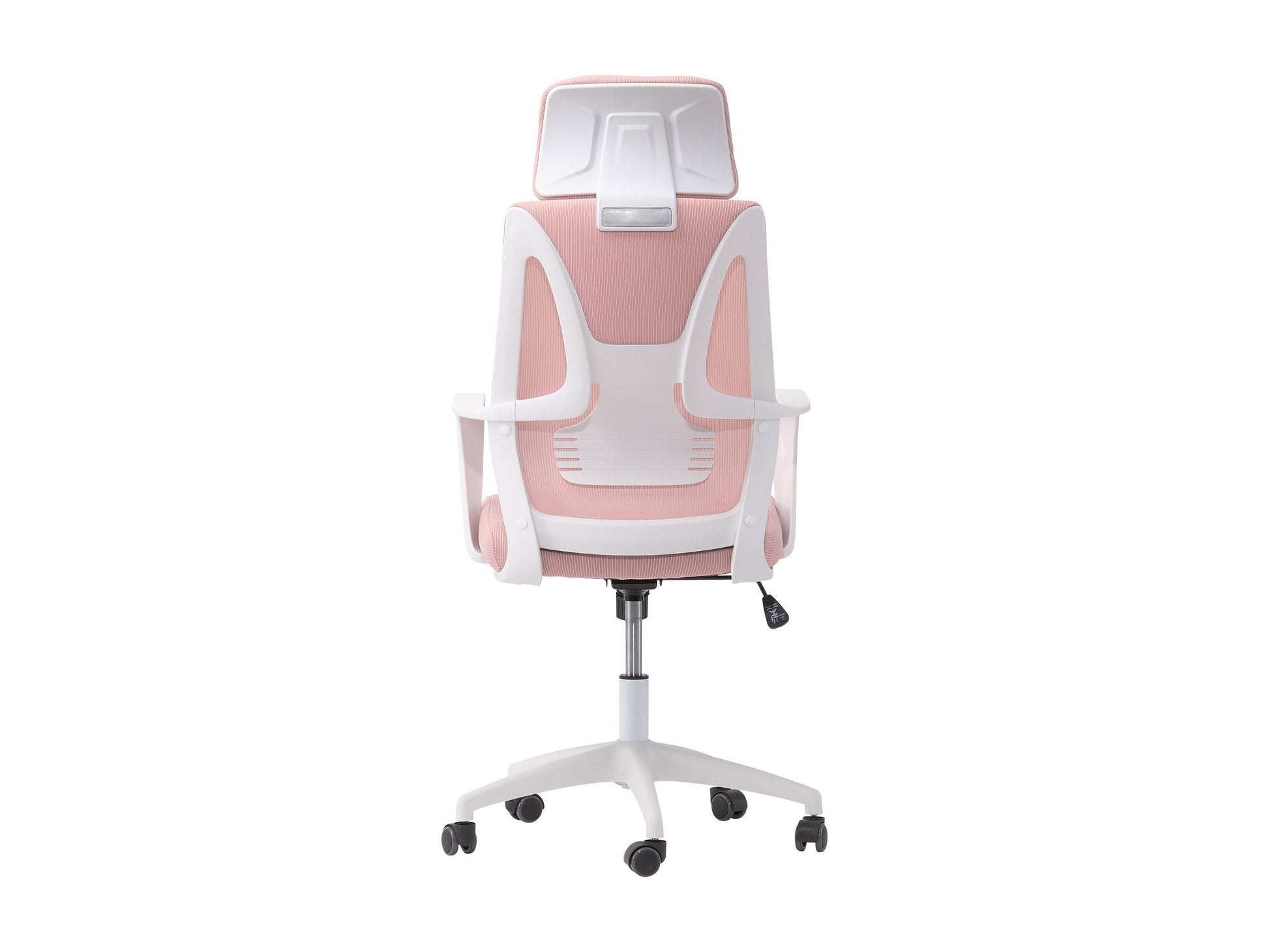 Pink high back office chair with ergonomic design, featuring a plush cushioned seat, adjustable armrests, and a breathable mesh backrest. Ideal for home offices or workspaces seeking comfort and style.