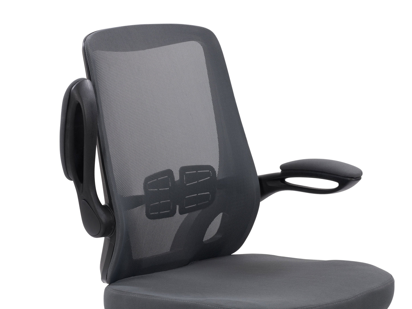 Grey mesh office chair with ergonomic design, adjustable armrests, lumbar support, and swivel base. Ideal for home or office use, providing comfort and breathability for long hours of work.