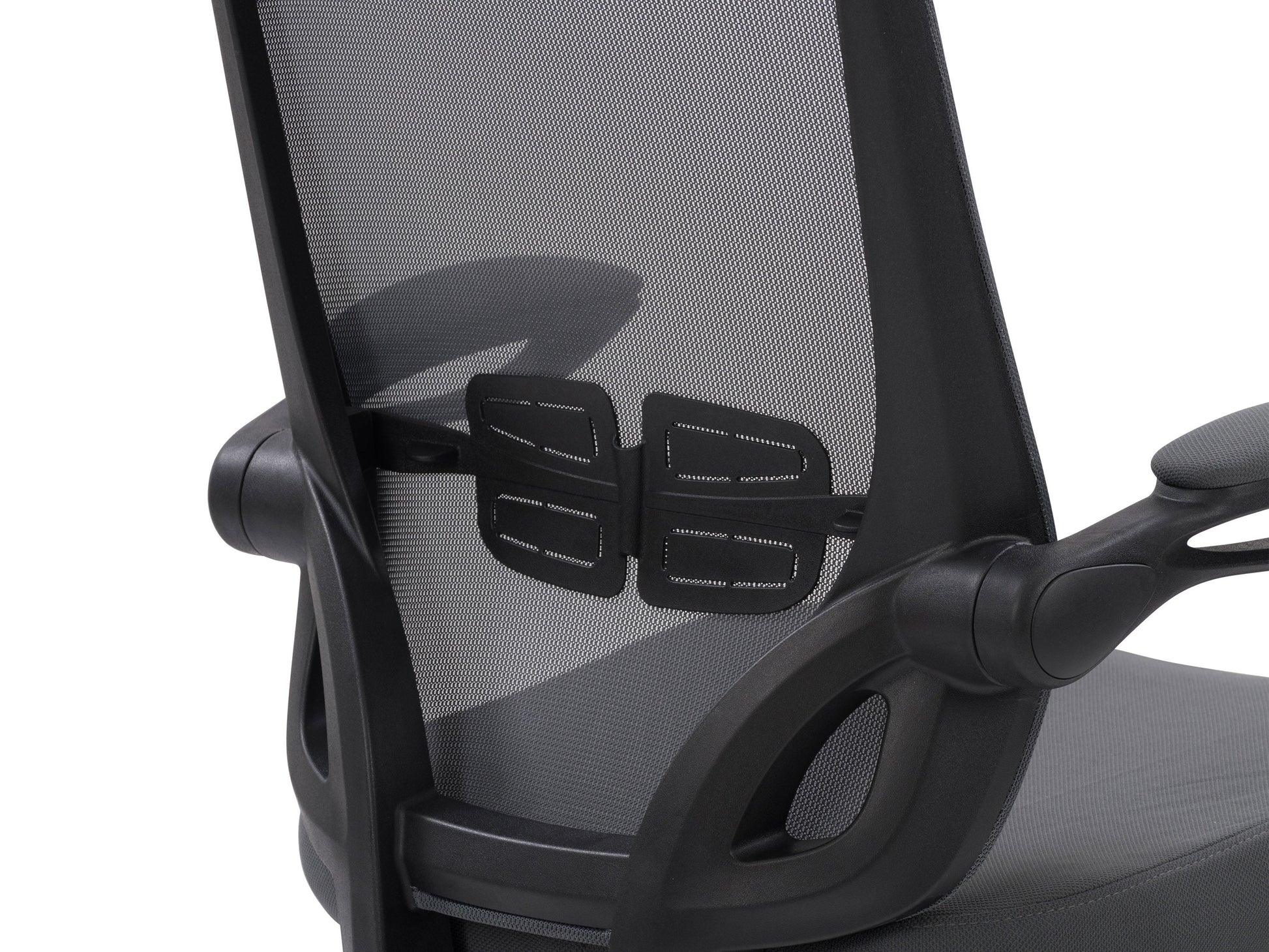 Grey mesh office chair with ergonomic design, adjustable armrests, lumbar support, and swivel base. Ideal for home or office use, providing comfort and breathability for long hours of work.