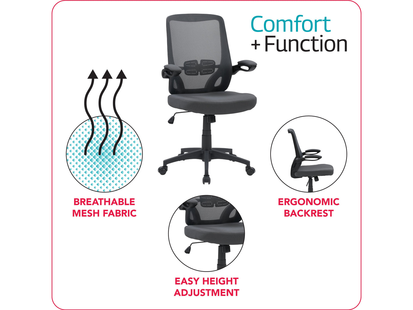 Grey mesh office chair with ergonomic design, adjustable armrests, lumbar support, and swivel base. Ideal for home or office use, providing comfort and breathability for long hours of work.