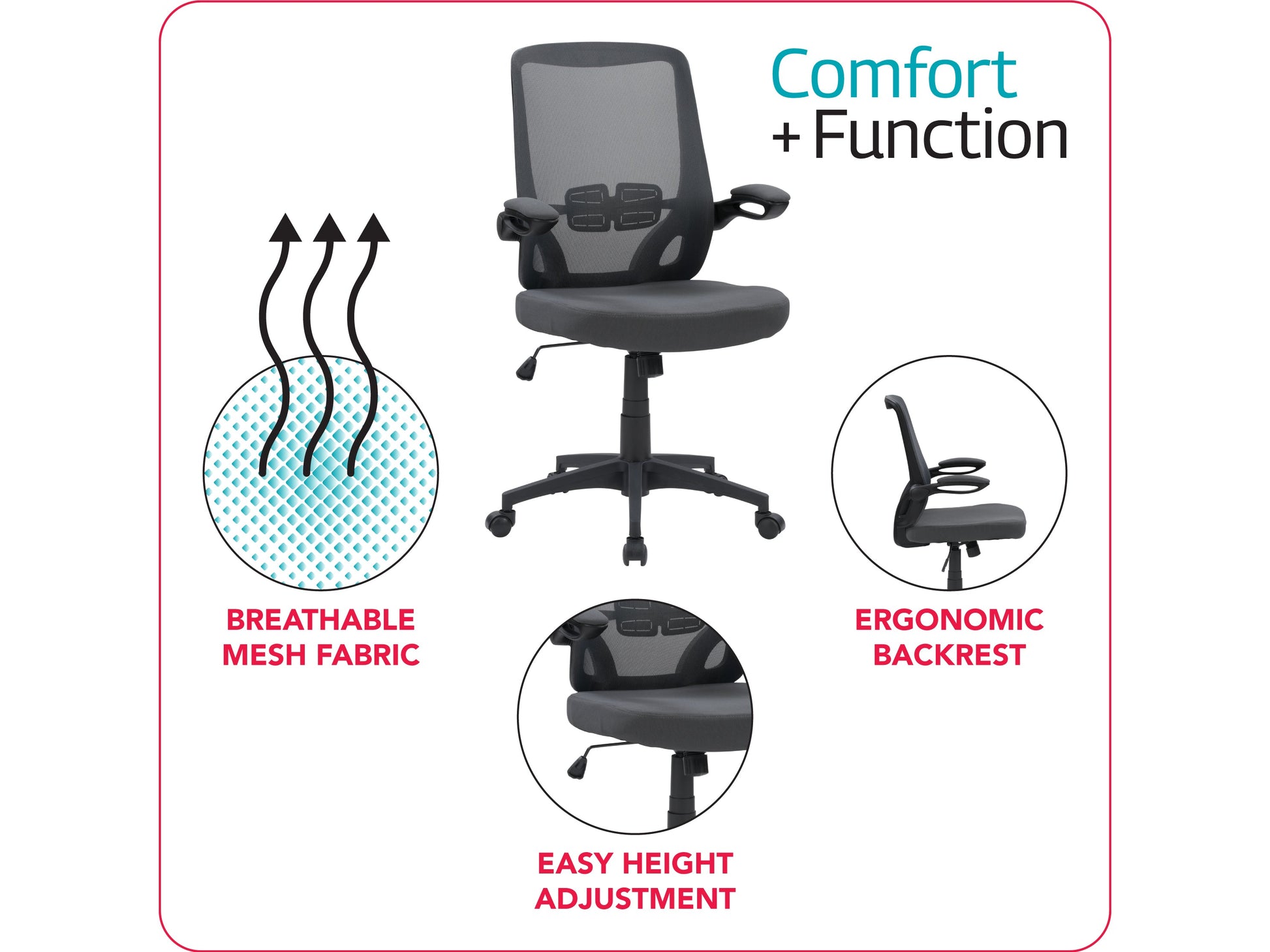 Grey mesh office chair with ergonomic design, adjustable armrests, lumbar support, and swivel base. Ideal for home or office use, providing comfort and breathability for long hours of work.