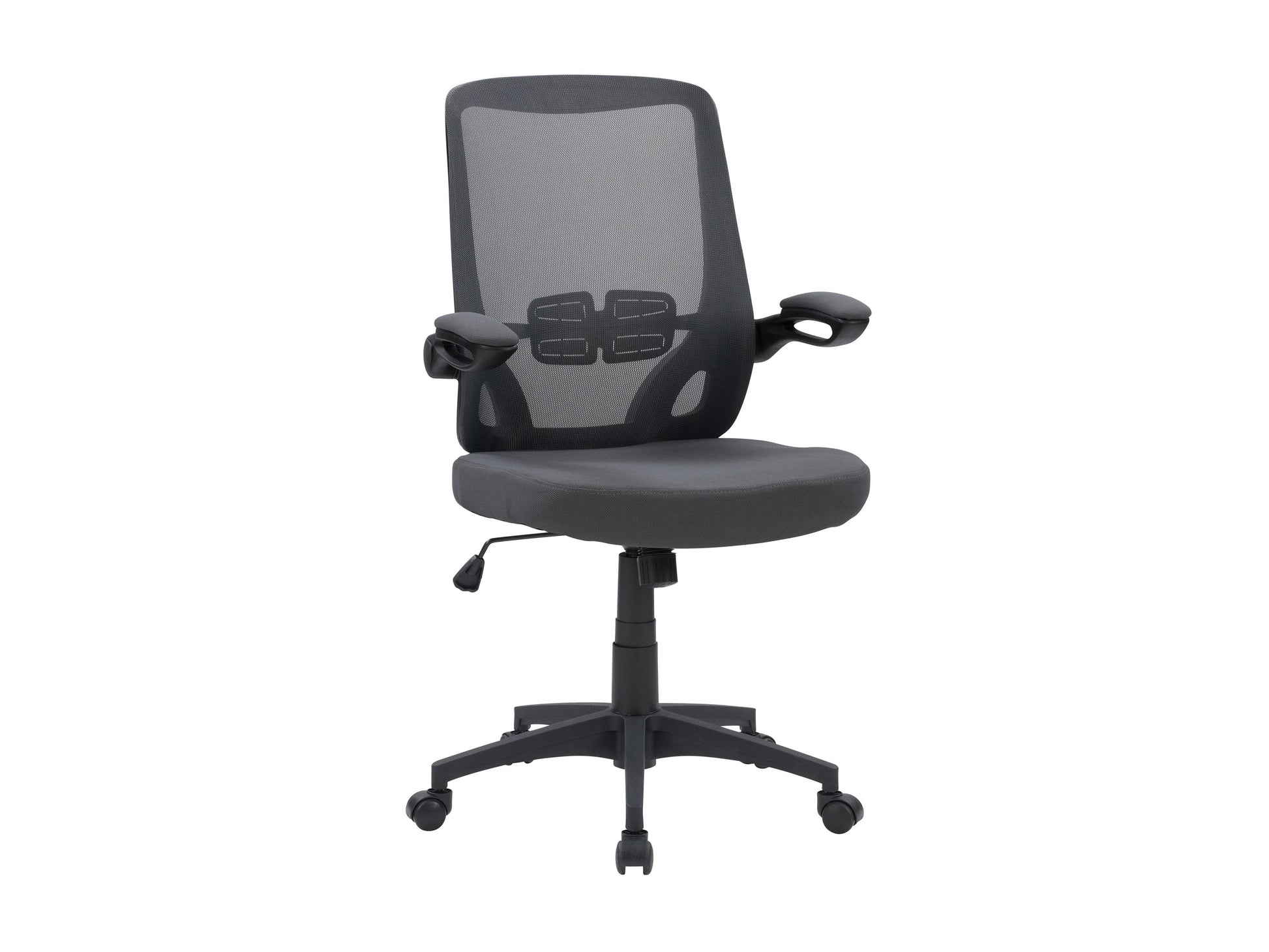 Grey mesh office chair with ergonomic design, adjustable armrests, lumbar support, and swivel base. Ideal for home or office use, providing comfort and breathability for long hours of work.
