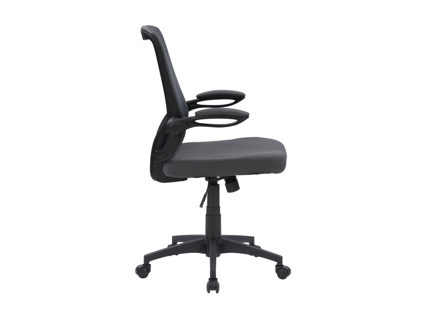 Grey mesh office chair with ergonomic design, adjustable armrests, lumbar support, and swivel base. Ideal for home or office use, providing comfort and breathability for long hours of work.