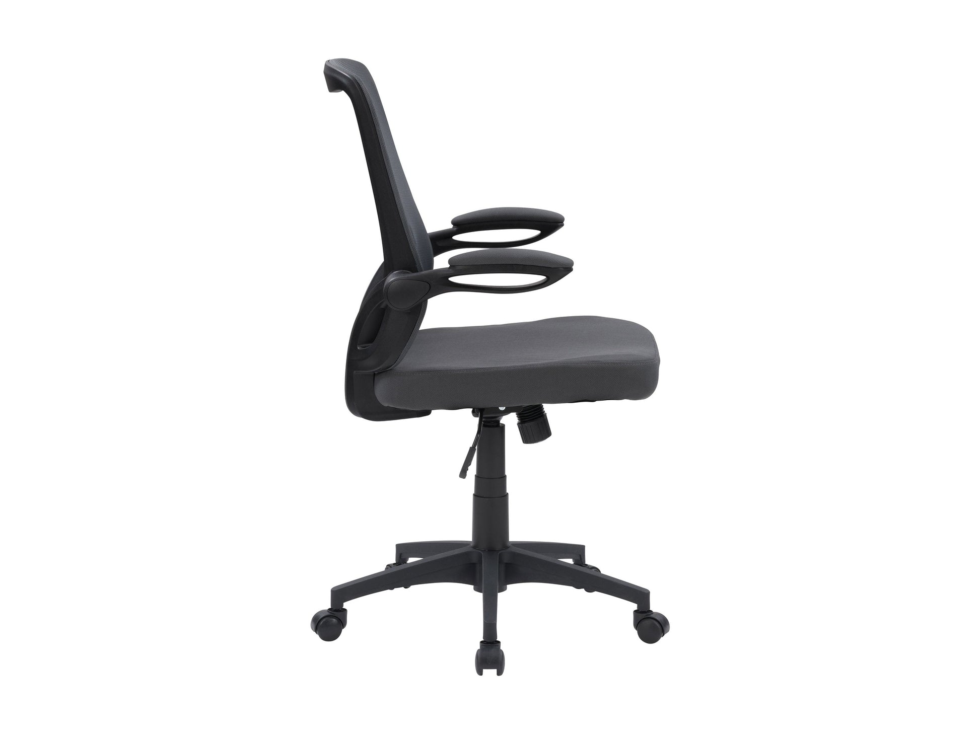 Grey mesh office chair with ergonomic design, adjustable armrests, lumbar support, and swivel base. Ideal for home or office use, providing comfort and breathability for long hours of work.
