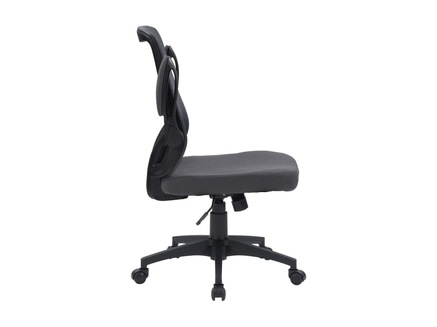 Grey mesh office chair with ergonomic design, adjustable armrests, lumbar support, and swivel base. Ideal for home or office use, providing comfort and breathability for long hours of work.