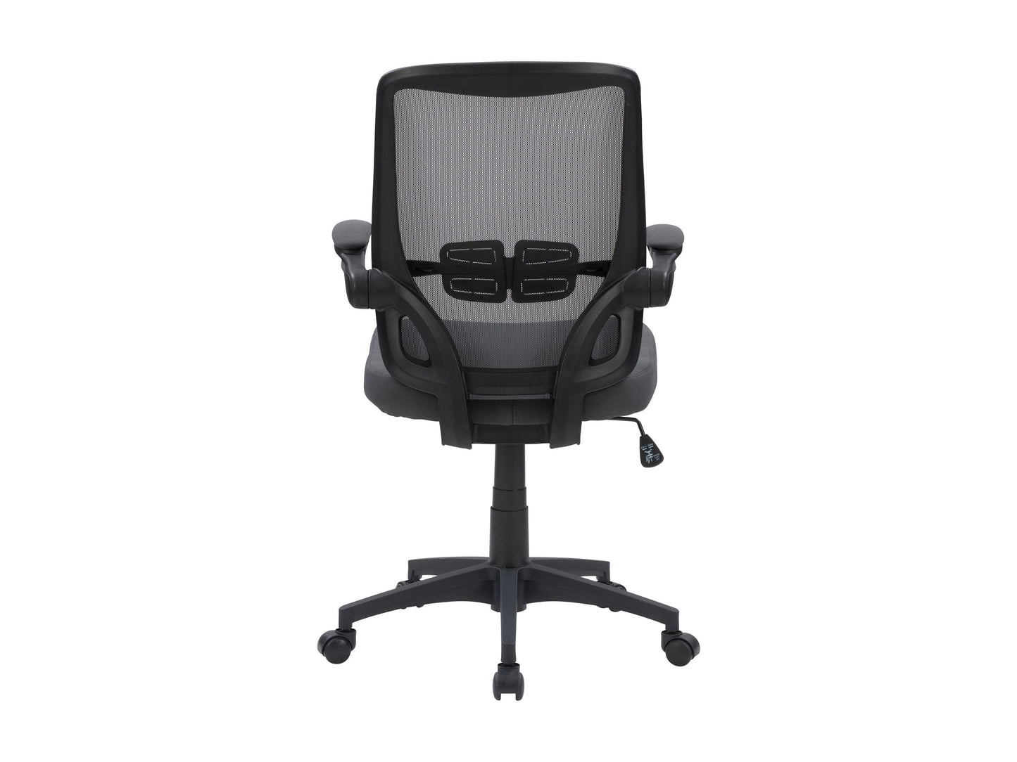 Grey mesh office chair with ergonomic design, adjustable armrests, lumbar support, and swivel base. Ideal for home or office use, providing comfort and breathability for long hours of work.