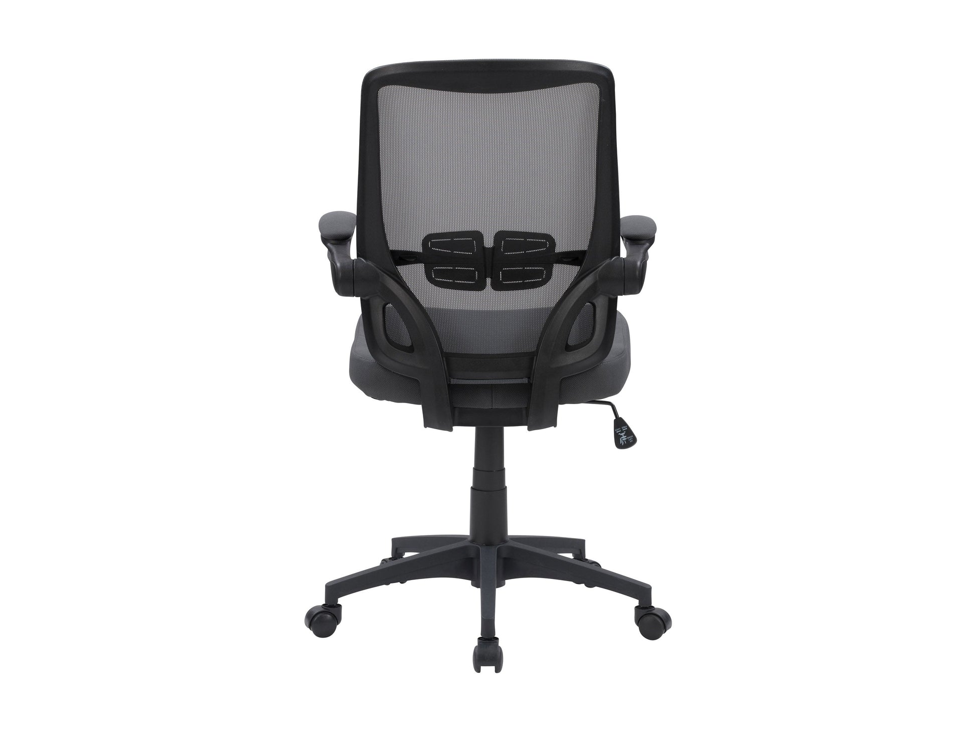 Grey mesh office chair with ergonomic design, adjustable armrests, lumbar support, and swivel base. Ideal for home or office use, providing comfort and breathability for long hours of work.