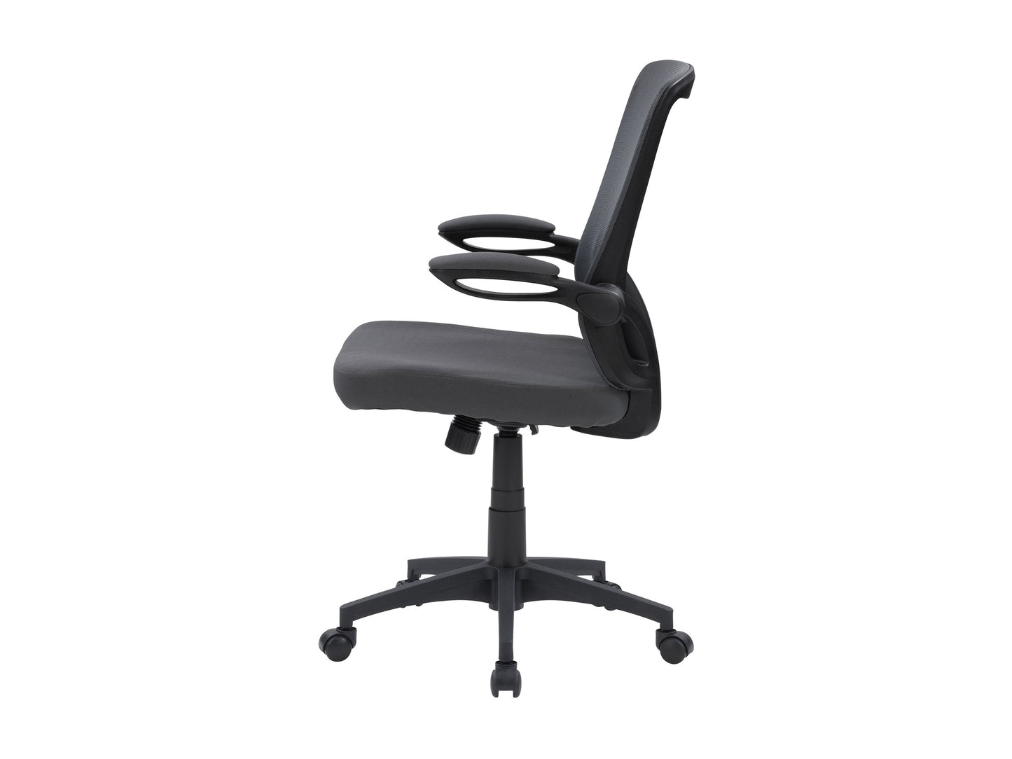 Grey mesh office chair with ergonomic design, adjustable armrests, lumbar support, and swivel base. Ideal for home or office use, providing comfort and breathability for long hours of work.