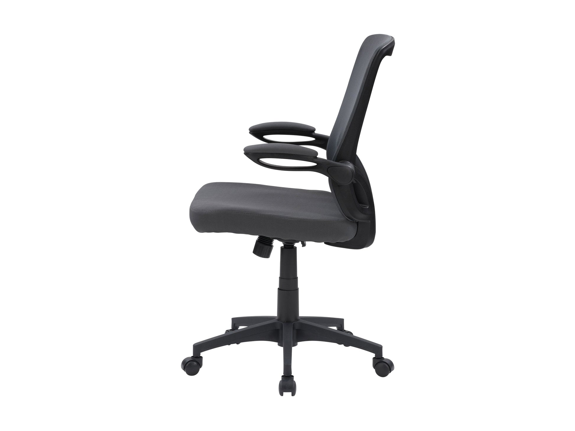 Grey mesh office chair with ergonomic design, adjustable armrests, lumbar support, and swivel base. Ideal for home or office use, providing comfort and breathability for long hours of work.