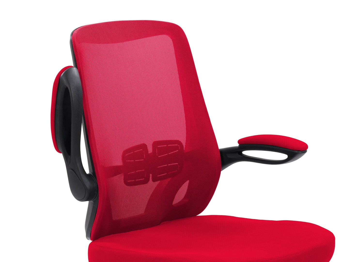 Red mesh office chair with ergonomic design, adjustable armrests, and lumbar support. Features breathable mesh back, cushioned seat, and swivel base with caster wheels, ideal for home or office use.