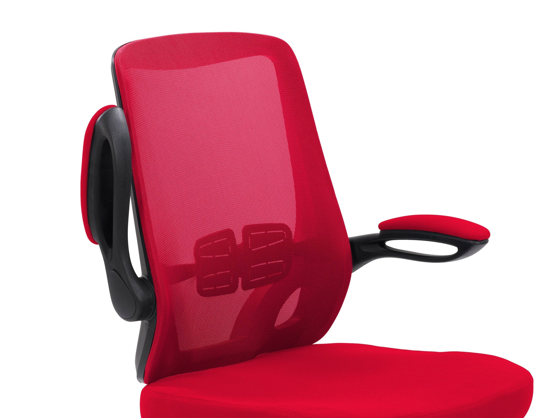 Red mesh office chair with ergonomic design, adjustable armrests, and lumbar support. Features breathable mesh back, cushioned seat, and swivel base with caster wheels, ideal for home or office use.