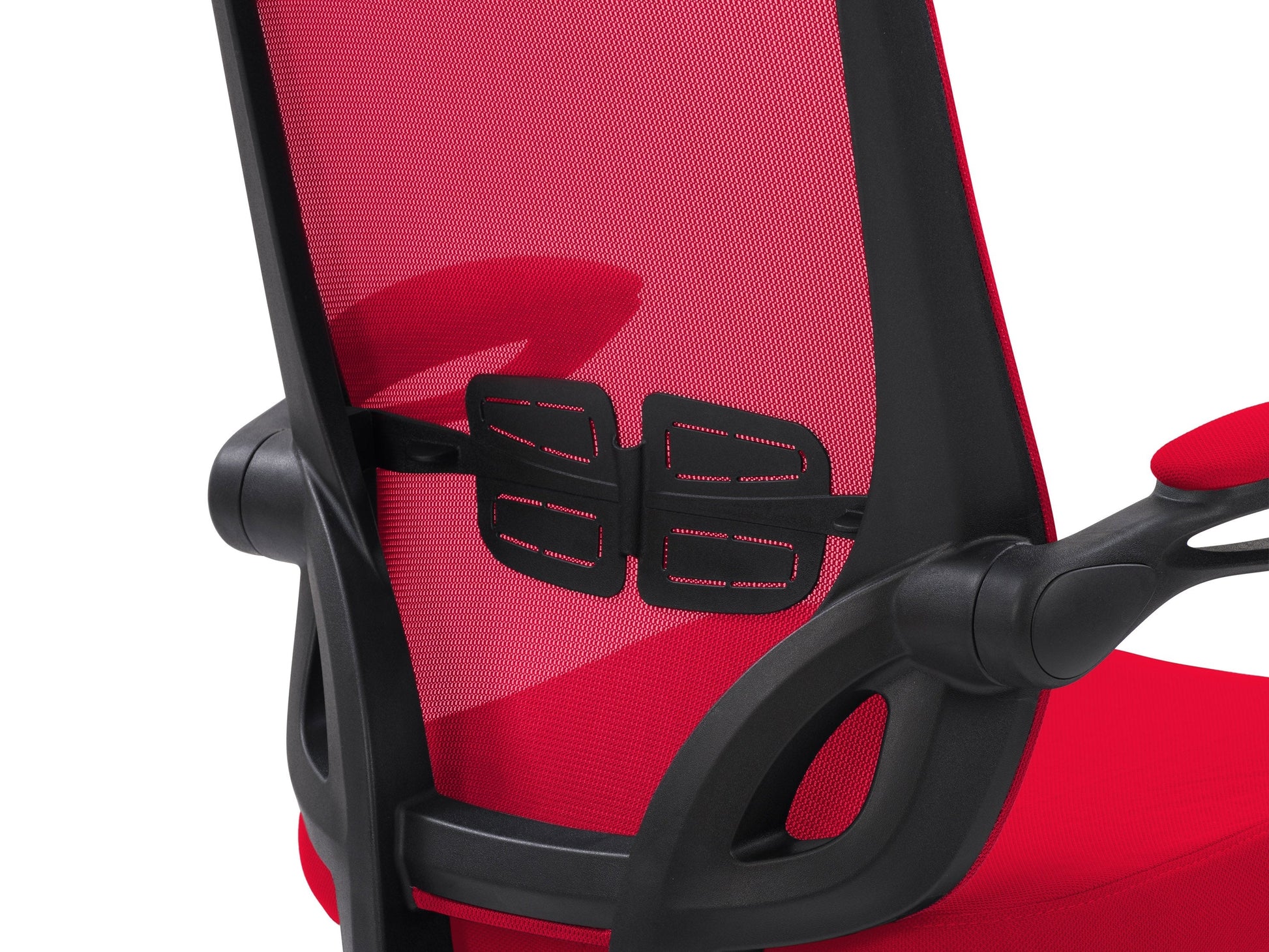 Red mesh office chair with ergonomic design, adjustable armrests, and lumbar support. Features breathable mesh back, cushioned seat, and swivel base with caster wheels, ideal for home or office use.