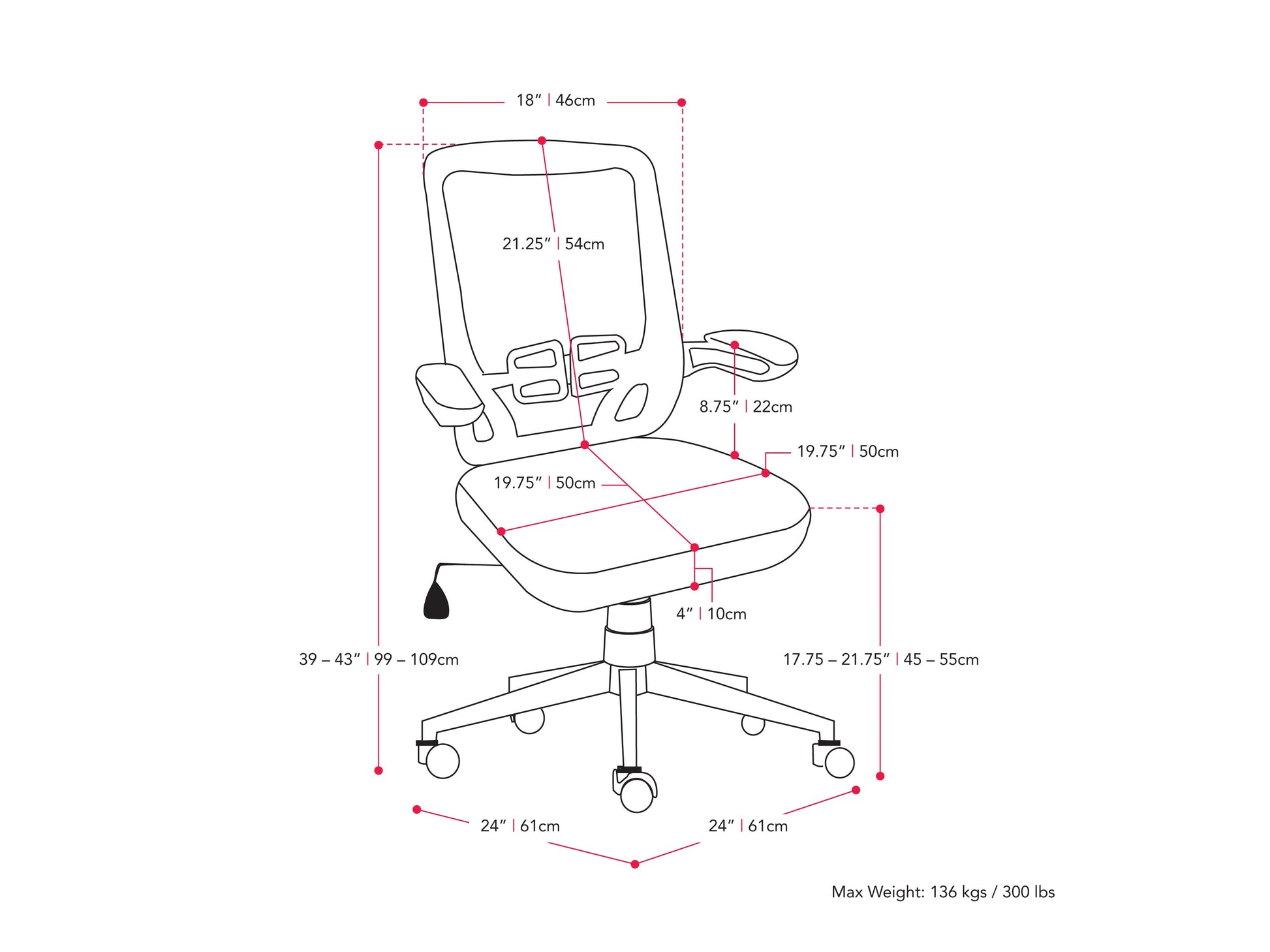 Red mesh office chair with ergonomic design, adjustable armrests, and lumbar support. Features breathable mesh back, cushioned seat, and swivel base with caster wheels, ideal for home or office use.
