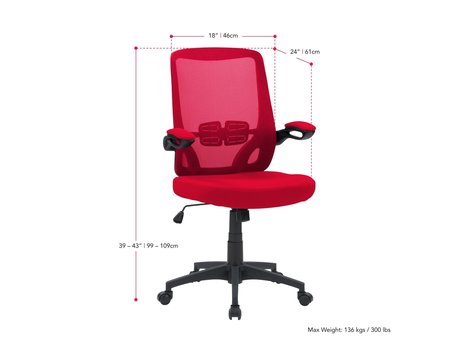 Red mesh office chair with ergonomic design, adjustable armrests, and lumbar support. Features breathable mesh back, cushioned seat, and swivel base with caster wheels, ideal for home or office use.