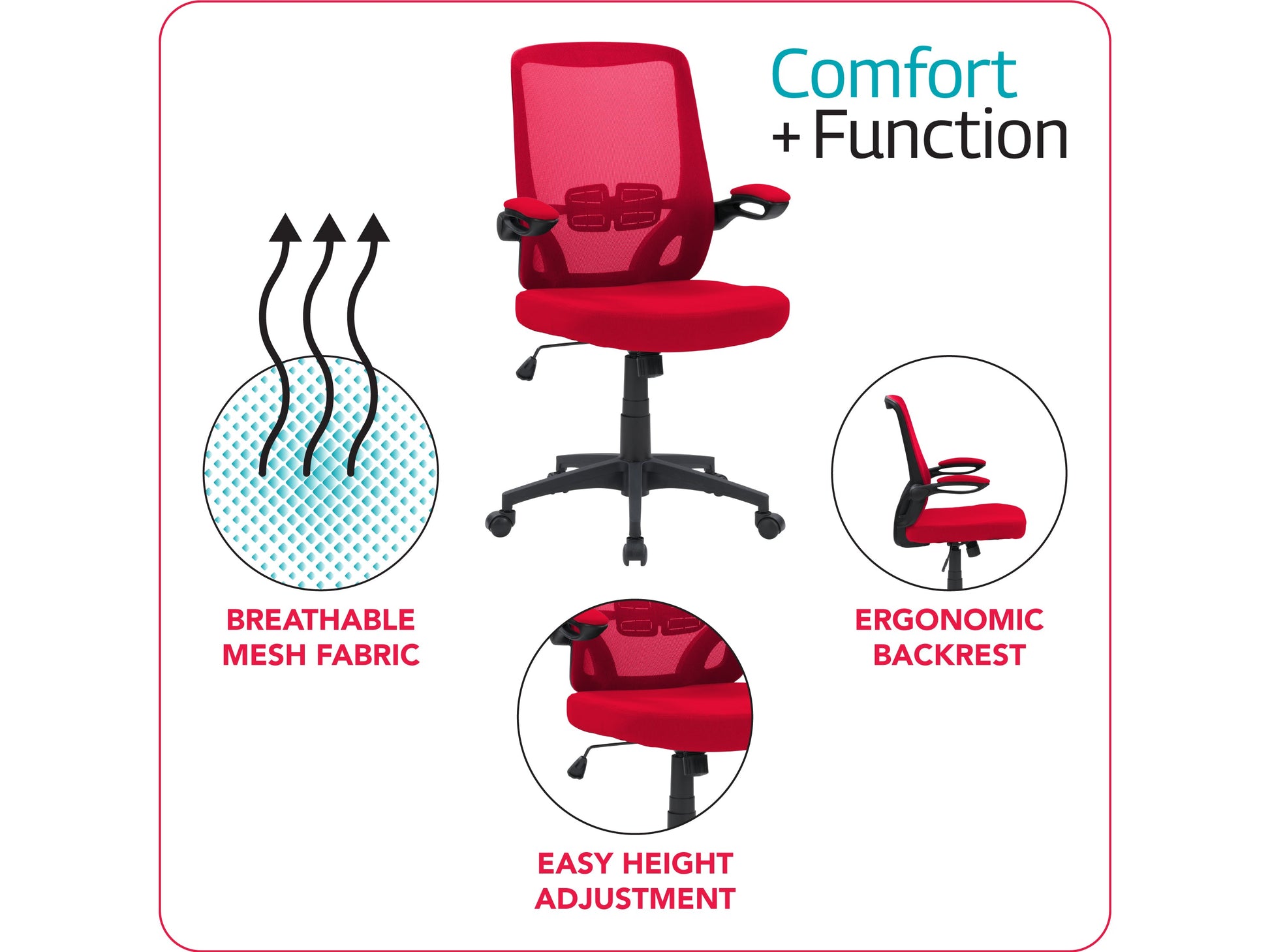 Red mesh office chair with ergonomic design, adjustable armrests, and lumbar support. Features breathable mesh back, cushioned seat, and swivel base with caster wheels, ideal for home or office use.